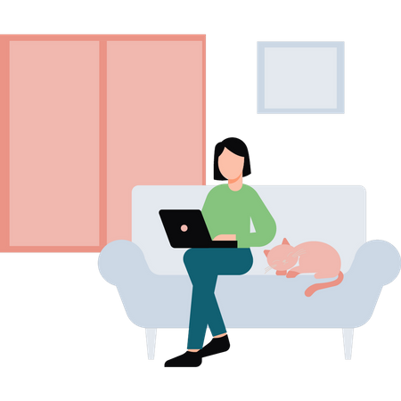Girl sitting on couch using laptop  Illustration