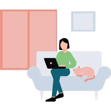 Girl sitting on couch using laptop  Illustration