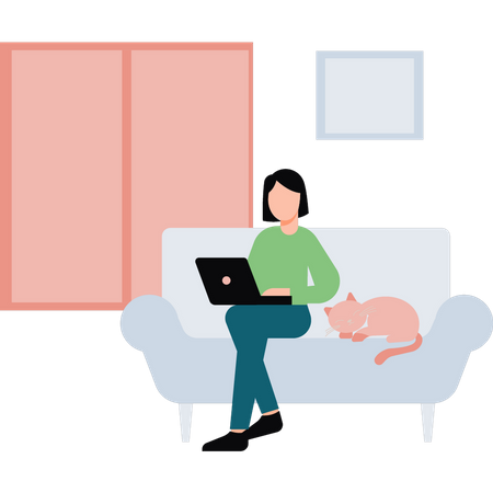 Girl sitting on couch using laptop  Illustration