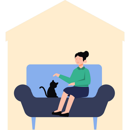 Girl sitting on couch with pet Illustration