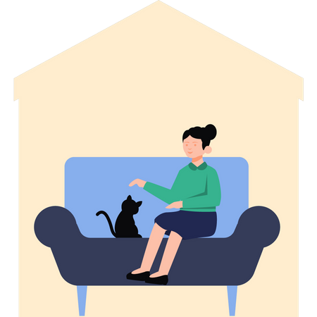 Girl sitting on couch with pet  Illustration