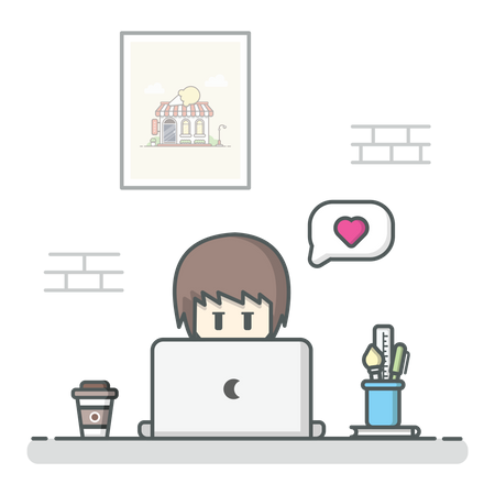 Girl sitting on desk and chatting online Illustration