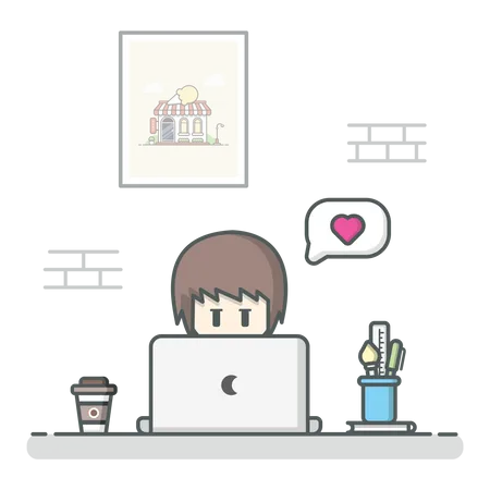 Girl sitting on desk and chatting online Illustration