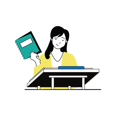 Girl sitting on desk and showing book  Illustration