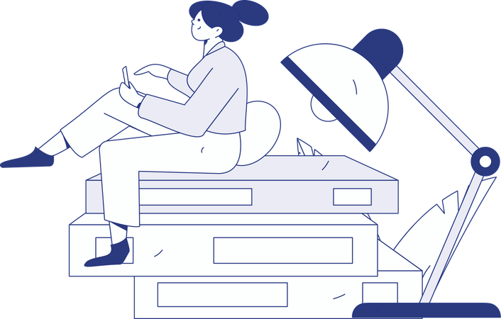 Girl sitting on files while talking on video call  Illustration