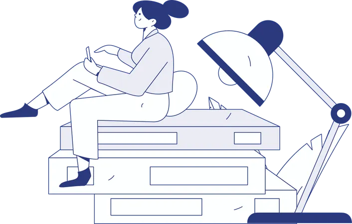 Girl sitting on files while talking on video call  Illustration