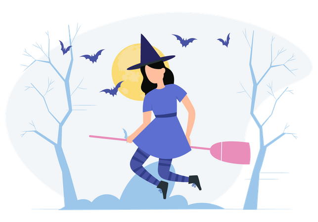 Girl sitting on Halloween Broom stick  Illustration