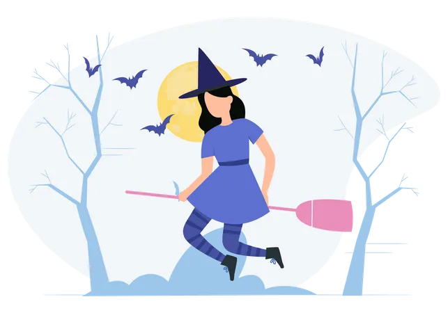 Girl sitting on Halloween Broom stick  Illustration