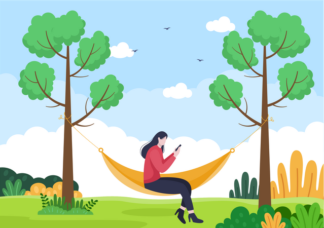 Girl sitting on hammock and watching smartphone  Illustration