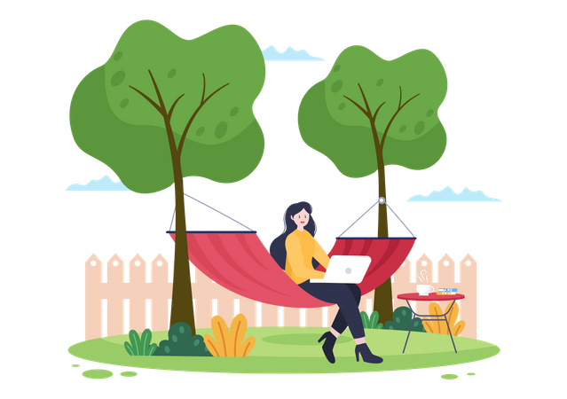 Girl sitting on hammock at park and working on laptop  Illustration