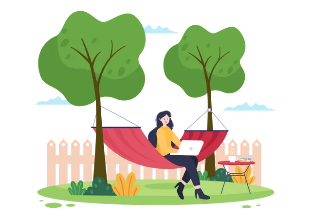 Girl sitting on hammock at park and working on laptop  Illustration