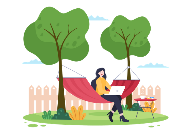 Girl sitting on hammock at park and working on laptop Illustration