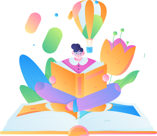 Girl sitting on open book while reading book  Illustration