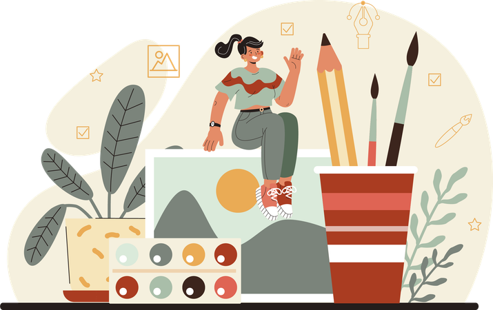 Girl sitting on painting  Illustration