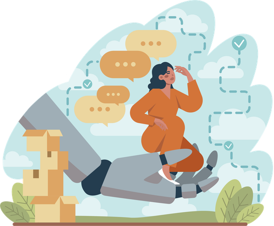 Girl sitting on robot hand while thinking about work  Illustration