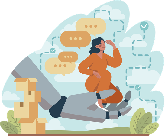 Girl sitting on robot hand while thinking about work  일러스트레이션