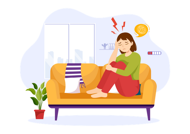 Girl sitting on sofa and suffering Migraine pain  Illustration