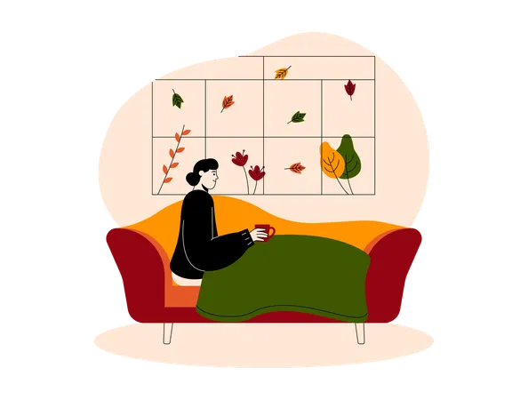 Girl sitting on sofa holding coffee cup  Illustration