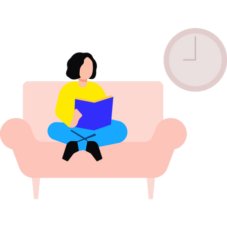 Girl sitting on sofa reading book  Illustration