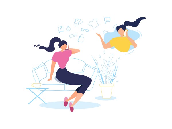 Girl sitting on sofa talking with her friend using mobile Illustration