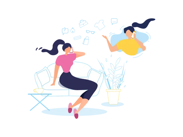 Girl sitting on sofa talking with her friend using mobile Illustration