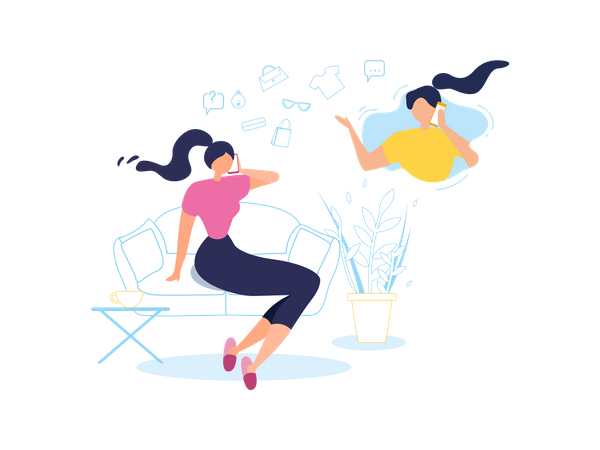 Girl sitting on sofa talking with her friend using mobile  Illustration