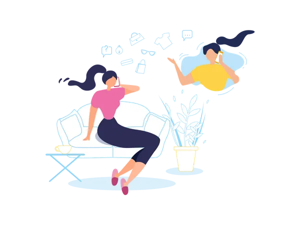 Girl sitting on sofa talking with her friend using mobile  Illustration