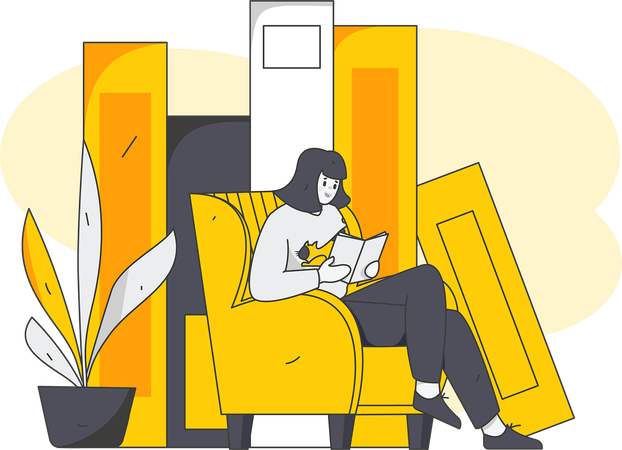 Girl sitting on sofa while read book  Illustration