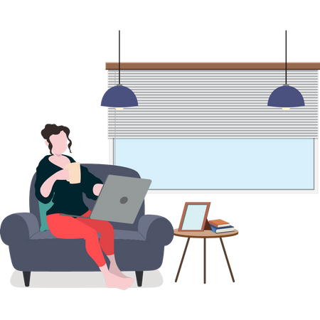 Girl sitting on sofa with cup of coffee  Illustration