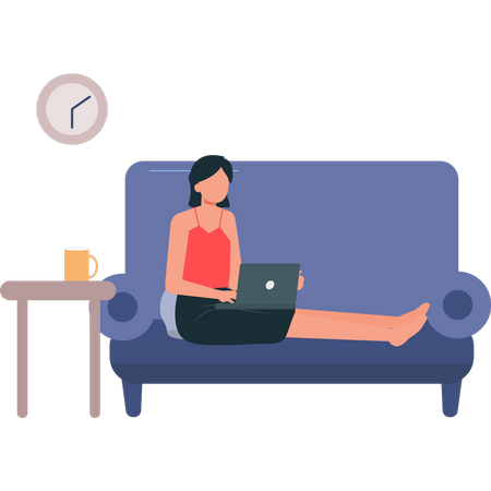 Girl sitting on sofa working on laptop  Illustration