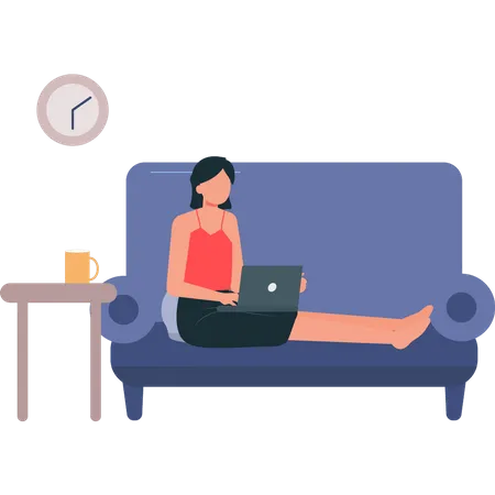 Girl sitting on sofa working on laptop  Illustration
