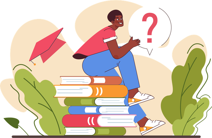Girl sitting on stack of books ready to discover and study  Illustration