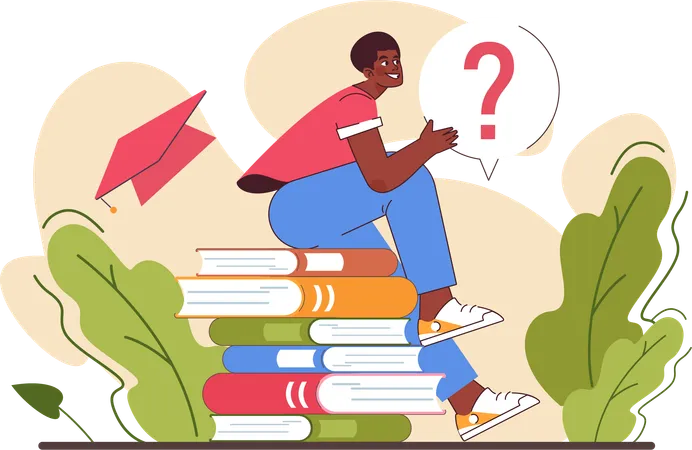 Girl sitting on stack of books ready to discover and study  イラスト