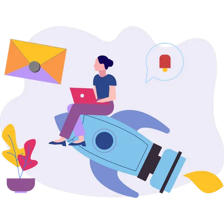 The Girl Is Sitting On A Startup Rocket Illustration