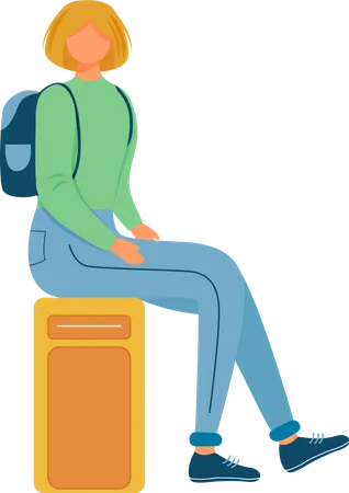 Girl sitting on suitcase Illustration