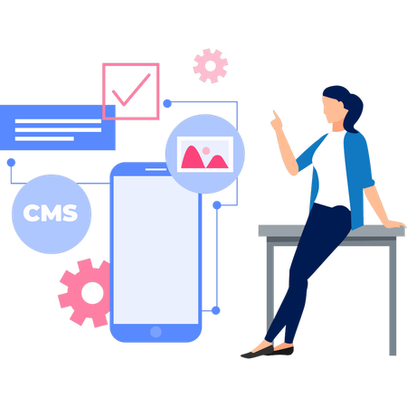 Girl sitting on table and setting CMS application  Illustration