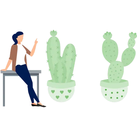 Girl sitting on table pointing green plant  Illustration