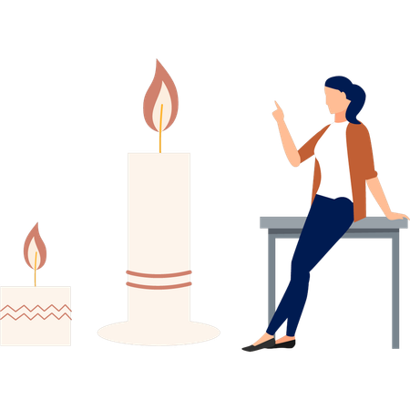 Girl sitting on table  pointing white candle  Illustration