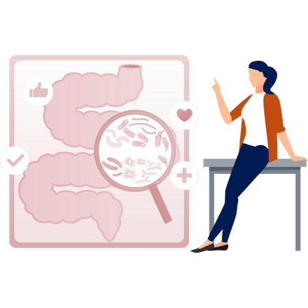 Girl sitting on table showing bacteria  Illustration