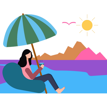 Girl sitting on the beach with a cup of hot tea  Illustration