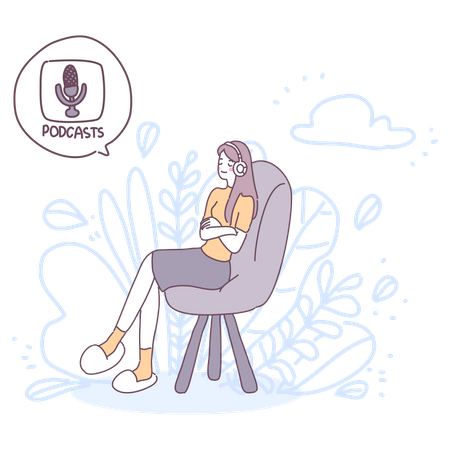 Girl sitting on the sofa and listening a podcast Illustration