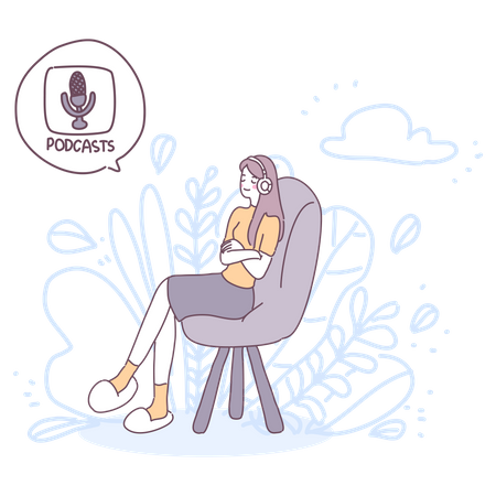 Girl sitting on the sofa and listening a podcast  Illustration