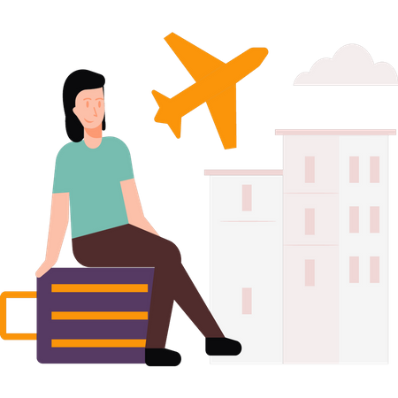 Girl sitting on the suitcase waiting for flight  Illustration