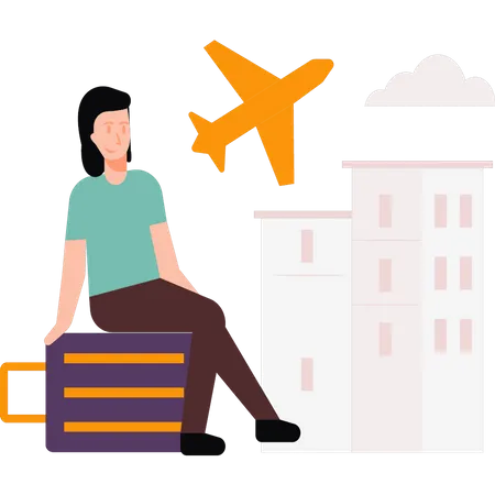 Girl sitting on the suitcase waiting for flight  Illustration