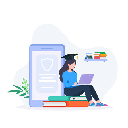 Girl Sitting On Top Of Books And Laptop With Graduation Cap  Illustration