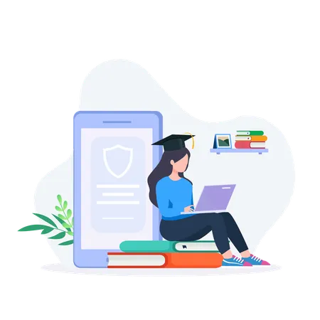 Girl Sitting On Top Of Books And Laptop With Graduation Cap  Illustration