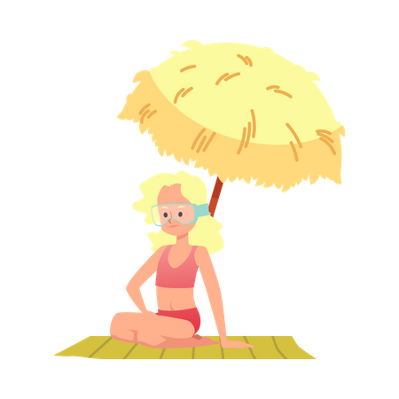 Girl sitting under beach umbrella  イラスト