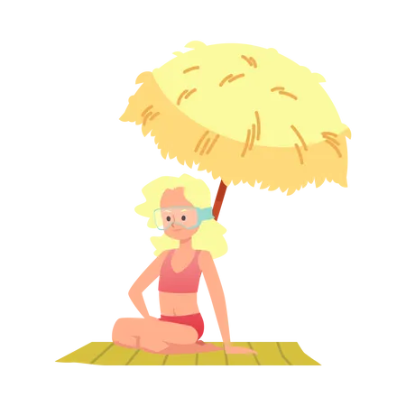 Girl sitting under beach umbrella  Illustration