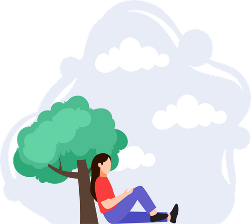 Girl Sitting Under Tree Illustration