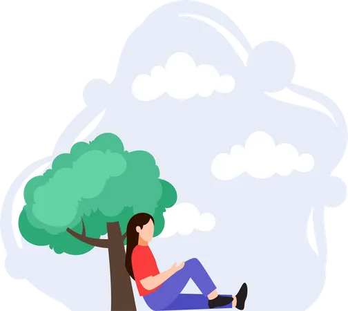 Girl Sitting Under Tree Illustration